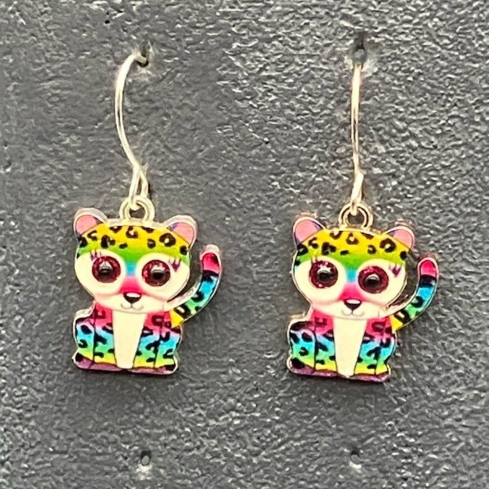 Baby Leopard Earrings Multicolor Rainbow Pride Silver Hook 80s Retro Vintage
